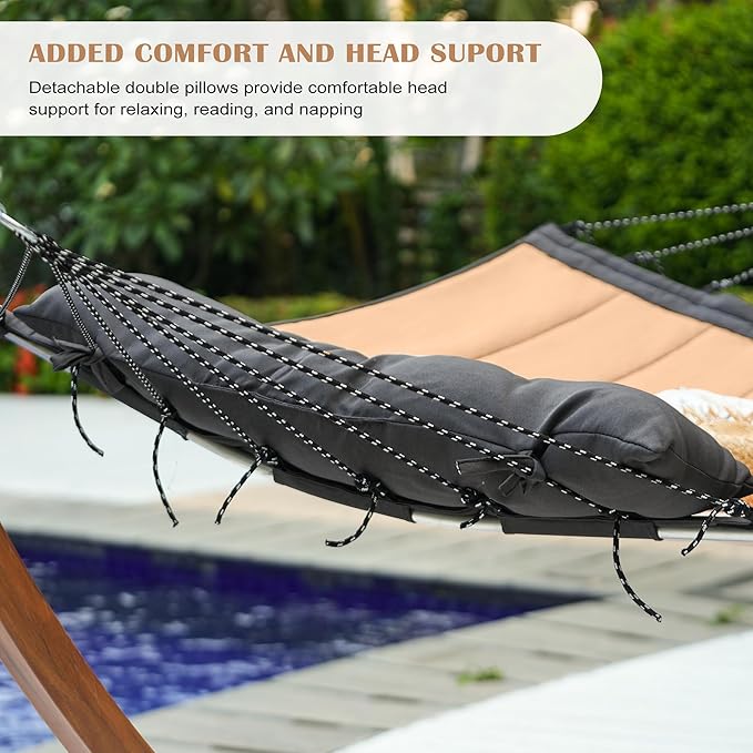 Lazy Daze Hammocks 12 FT Quilted Fabric Hammock with Curved Aluminium Spreaders Bar, Outside Double Thickened Hammock with Soft Pillow, Side Pocket 450 Lbs Capacity for Patio, Poolside, Khaki