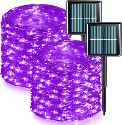 QITONG 2 Pack Purple Solar Fairy Lights Outdoor Waterproof, Each 66ft 200 LED Solar String Lights, 8 Modes Silver Wire Solar Twinkle Mini Lights