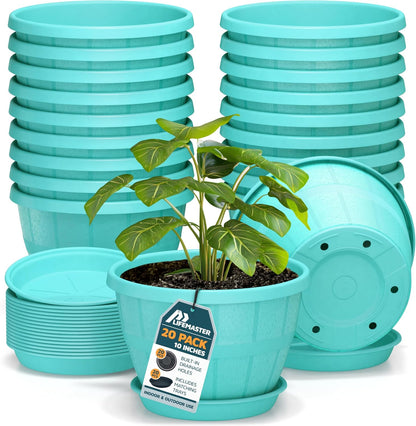 10-Inch Whiskey Barrel Planters Outdoor Pack of 20 - Durable Plastic Plant Pots for Indoor & Outdoor Use with Drainage & Saucer, Lightweight Rustic Barrel Planters for Flowers, Herbs & Small Plants
