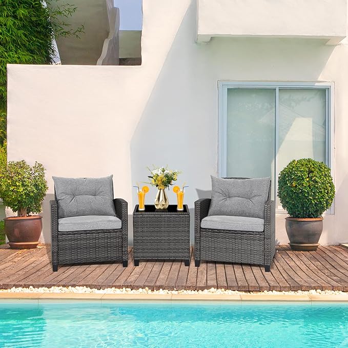 RELAX4LIFE Wicker Patio Furniture Sets - 3 Pieces Rattan Sofa Set, Outdoor Conversation Set with Tempered Glass Tabletop, Heavy-Duty Steel Frame, Wicker Chair Set for Poolside, Backyard, Grey