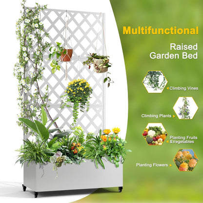 FENCY Metal Planter Box with Diamond Lattice Trellis Planter Box for Climbing Plants/Vines, Galvanized Raised Garden Bed On Wheels, Garden Bed with Trellis(73"x35" White)