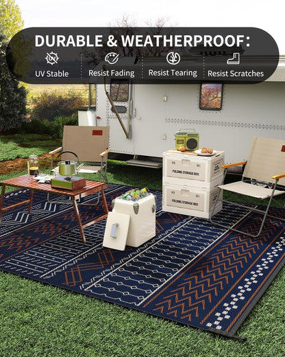 Outdoor Rug Carpet Waterproof 8x10 ft Patio Rug Mat Indoor Outdoor Area Rug for RV Camping Picnic Reversible Lightweight Plastic Straw Outside Rug for Patio Decor Decoration Boho Rug Navy Red