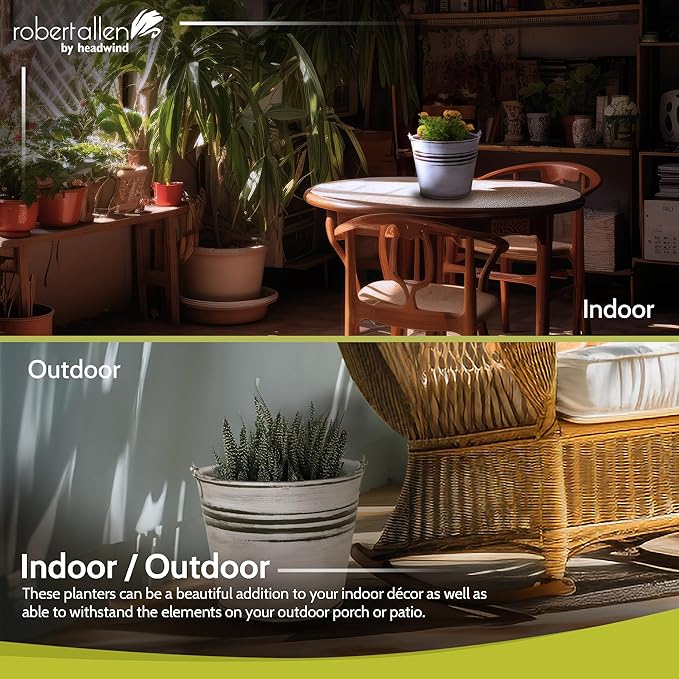 Headwind Vintage Collection - 6 Inch Rustic White Banded Planter with Handles – Galvanized Bucket Planter - Decorative Small Planters for Indoor Plants & Outdoor Use by Robert Allen