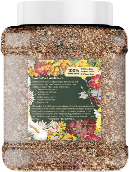 Wildflower Seed Shaker – Annual Mix by GevaGrow | 17 Variety Flower Seeds for Planting in Pots & Outdoor Gardens, Bulk 300,000+ Seeds - 1 Pound Tub