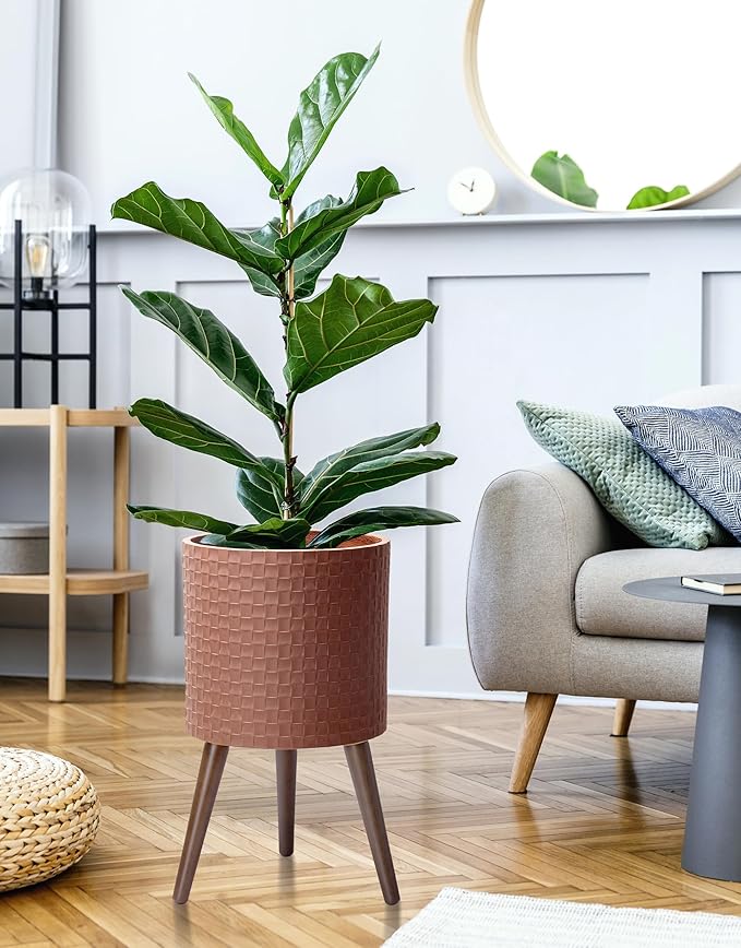 D'vine Dev 12 Inch Modern Geometric Tile Patterned Sleek Planter Pot with Stand, Indoor Outdoor Decorative Plant Holder, Terra Cotta, 88-Z-C-3