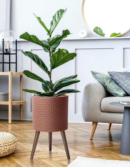 D'vine Dev 12 Inch Modern Geometric Tile Patterned Sleek Planter Pot with Stand, Indoor Outdoor Decorative Plant Holder, Terra Cotta, 88-Z-C-3