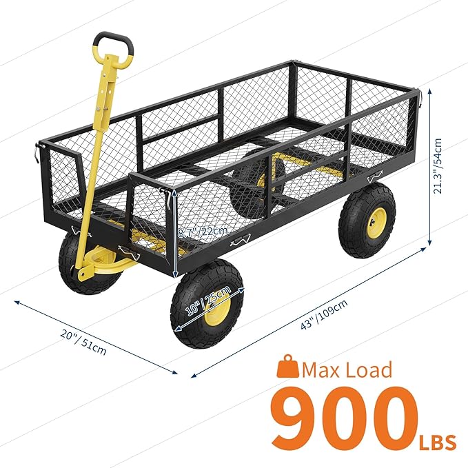 GarveeLife 900 LBS Garden Cart on Wheels with Adjustable Handles, Heavy Duty Steel Garden Wagon with Removable Mesh Sides to Convert into Flatbed, Wagon Cart for Lawn Farm Yard