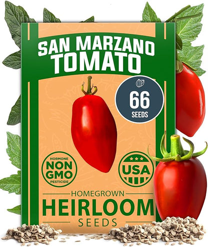 HOME GROWN San Marzano Tomato Seeds – 66 Heirloom, 𝗡𝗢𝗡-𝗚𝗠𝗢, 𝗨𝗦𝗔-𝗦𝗢𝗨𝗥𝗖𝗘𝗗 Seeds – High Germination Tomatoes for Indoor & Outdoor Growing – Classic Paste Variety for Gardeners & Home Use