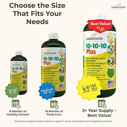 10-10-10 All Purpose Plant Food - Liquid Fertilizer with Seaweed Kelp & Iron - Indoor & Outdoor Plant Food, Vegetables, Flowers, Lawn & Garden 1x16 oz