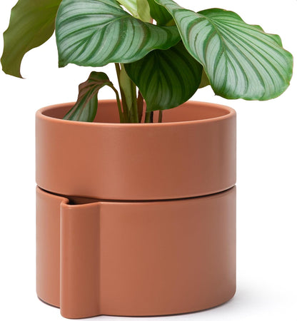 8 Inch Self-Watering Planter Pot with Terracotta Insert, Deep Water Reservoir, and Ceramic-Alike BPA-Free Plastic Planter Pot for Plant, Modern Planter for Houseplants, Terracotta, 53-A-T-3