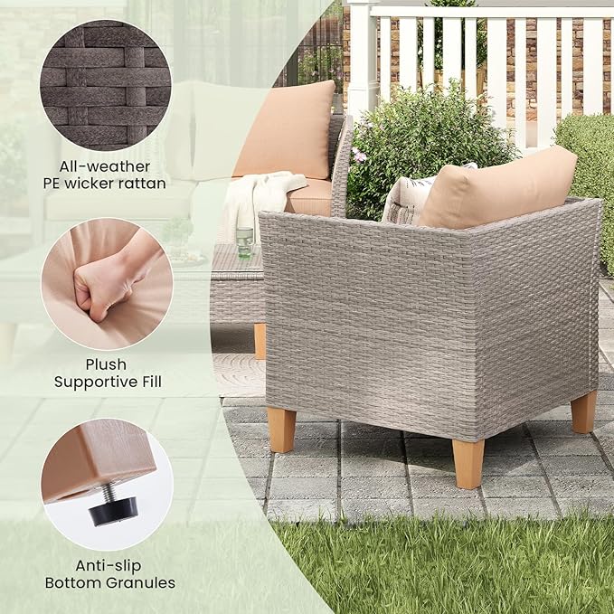 Soohow 5-Piece Patio Furniture Set, Outdoor Furniture with Coffee Table, Loveseat & 2 Single Chairs, 4-Inch Thickened Cushions with Water/Oil/Stain-Resistant Fabric (Beige Cushion + Gray Wicker)
