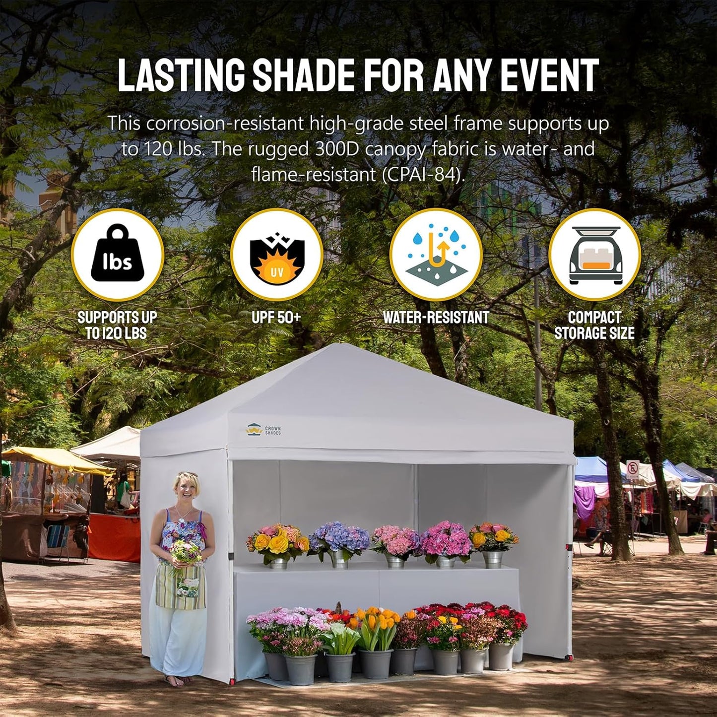 CROWN SHADES 10X10 Comercial Instant Canopy Pop Up Tent with Center Lock (10x10 with 4 Sidewalls, White)
