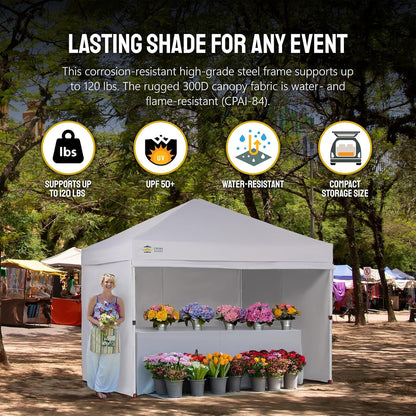 CROWN SHADES 10X10 Comercial Instant Canopy Pop Up Tent with Center Lock (10x10 with 4 Sidewalls, White)