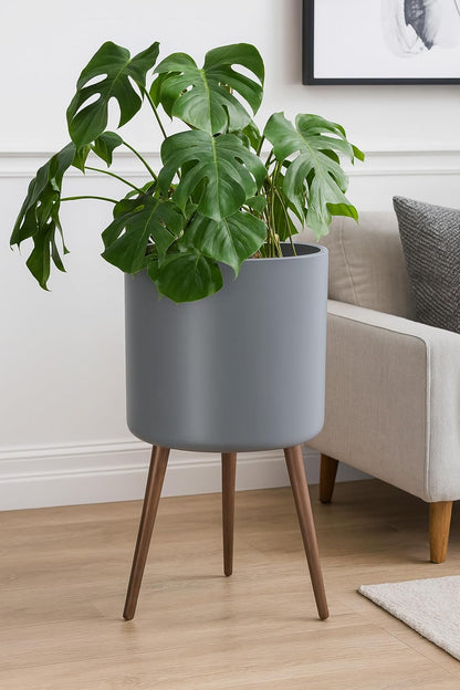 D'vine Dev 16 Inch Planter Pot with Stand, Mid-Century Tall Plant Pot with Legs for Indoor Plants, XX-Large, Grey, 88-O-E-3