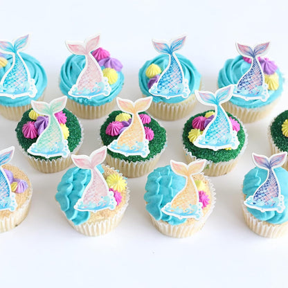 Ephlyn 54Pcs Edible Mermaid Tail Cupcake Toppers Wafer Paper Mini Under the Sea Mermaid Tail Cake Topper Decoration for Ocean theme Birthday Party Supplies Pink Blue Purple