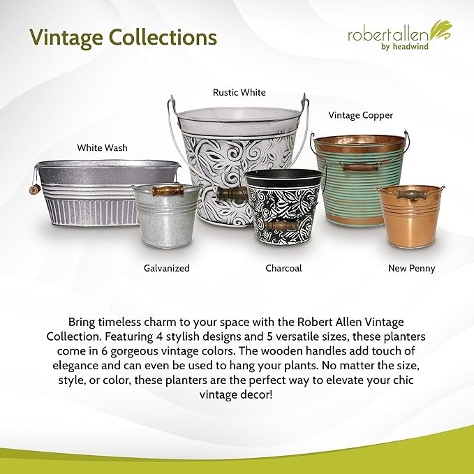 Headwind Vintage Collection - 6 Inch New Penny Banded Planter with Handles – Galvanized Bucket Planter - Decorative Small Planters for Indoor Plants & Outdoor Use by Robert Allen