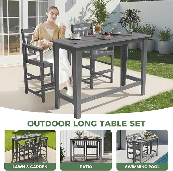 HDPE Outdoor Patio Bar Set with High Top Table and 2 Adirondack Chairs, All-Weather Bar Height Outside Rectangular Pub Furniture for Bistro, Garden, Backyard, Deck | 3-Pieces, Grey