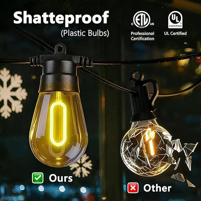 LED Christmas Lights, 50FT Patio Lights with 16Pcs Shatterproof S14 Bulb(1 Spare),4 Lighting Mode, Connectable,Waterproof Warm White Edison Plastic Bulb Hanging Light for Yard Gazebo Porch Décor