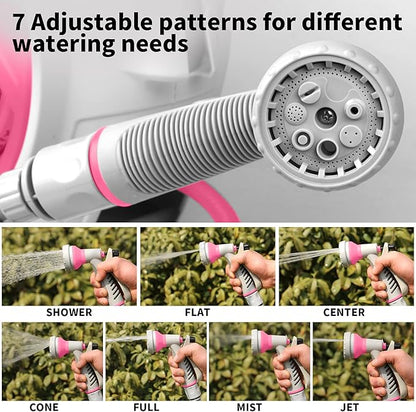 Garden Retractable Hose Reel, Portable Simple Home Hose Reel 45+5 FT with 7 Patterns Spray Nozzle, Wall Mounted and Any Length Lock for Garden Watering, Car Washing, Pet (Red Rose)