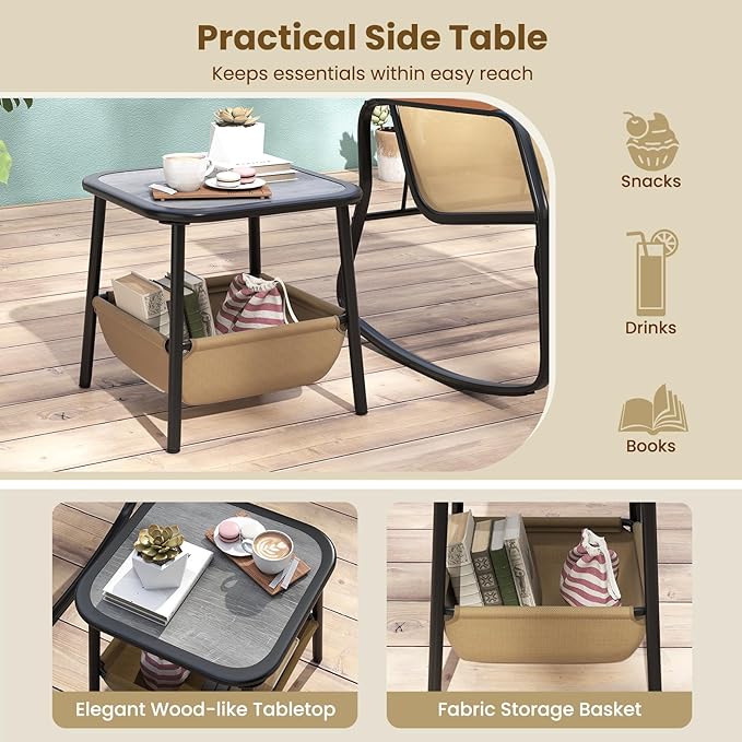 Tangkula 3 Piece Rocking Bistro Set Outdoor, Patio Rocking Chairs & Side Table with Storage Basket, Wood-Like Armrests & Metal Frame, Patio Furniture Set for Porch, Backyard, Lawn & Poolside