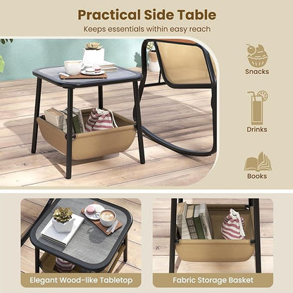 Tangkula 3 Piece Rocking Bistro Set Outdoor, Patio Rocking Chairs & Side Table with Storage Basket, Wood-Like Armrests & Metal Frame, Patio Furniture Set for Porch, Backyard, Lawn & Poolside