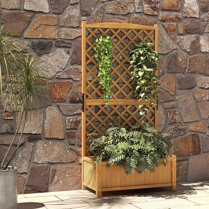 HAPPYGRILL Raised Garden Bed with Trellis, 71" Planter Raised Bed with Drainage Holes, Freestanding Garden Planter for Vine Climbing Plants, Wooden Planter Box for Yard Balcony(2, Yellow)