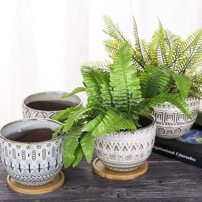 VanEnjoy 5.6 inch Large Round Bohemian Style Ceramic Planter, Geometry Engrave Off White Brown Succulent Planter Flower Pot, Indoor Outdoor Decorative Planter