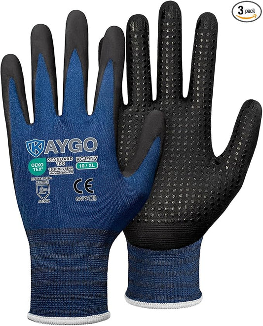 KAYGO MicroFoam Nitrile Coated Work Gloves, 3 Pairs KG19N Seamless Knit Nylon, Micro Dots for Enhanced Grip, Breathable and Durable, Ideal for Automotive, General Assembly, Painting, Blue, XL
