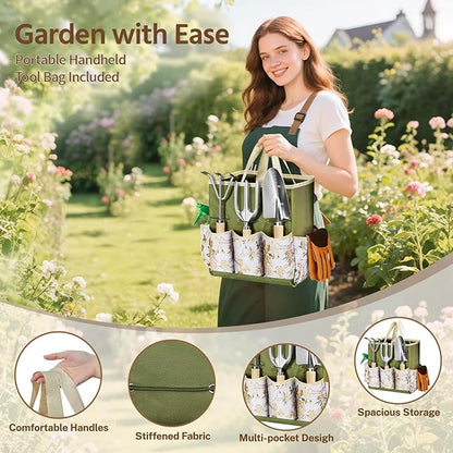 LASZOLA 9 Pcs Garden Tools Set with Tote Bag and Hand Trowel Rake Shovel, Heavy Duty Stainless Steel Gardening Kit for Outdoor Plant, Standable Portable Handbag Organizer, Ideal for Women Mom, Green