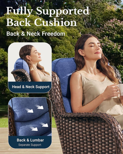 HILLGA Luxury Outdoor Swivel Rocker Patio Chairs of 2 with 6 Inch Thick Cushions and Side Table, Swivel Outdoor Chairs 3PCS High Back Wicker Patio Furniture Set for Porch, Balcony, Deck in Blue