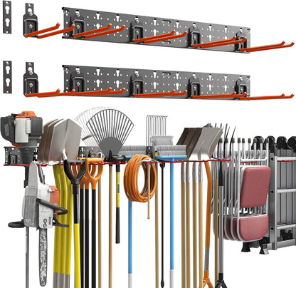 TORACK Garden Tool Organizer Wall Mount, Garage Folding Chair Storage Rack, Tools Rack for Shovels, Rakes, Broom, Ladders, Hooks for Keyhole Style Shelving Unit