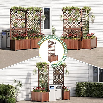 AMERLIFE Raised Garden Bed with Trellis for Vegetables, Climbing Plants, Durable Natural Wood Planter Box with Drainage Holes, Privacy Planter for Outdoor Yard & Patio, Easy Assembly