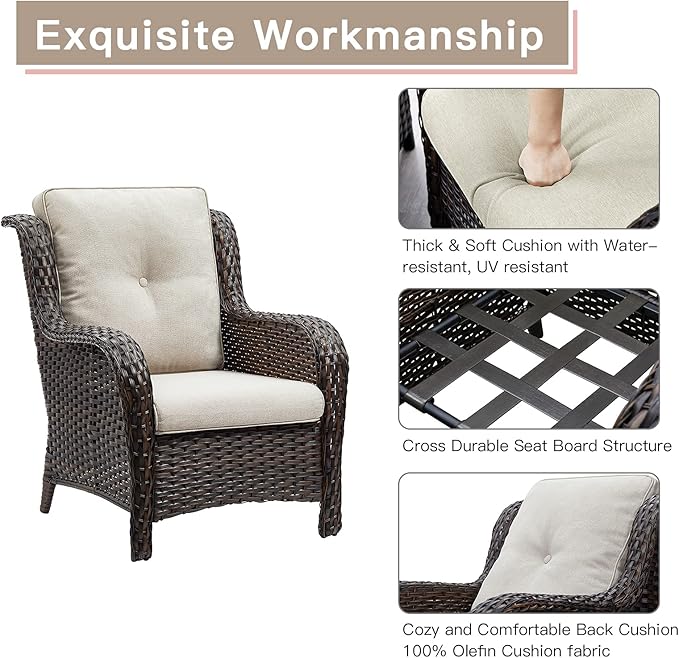 Rilyson Outdoor Furniture Set, 5-Piece Patio Rattan Wicker Sectional Sofa Set with 3-Seat Couch, 2 Armchairs, 2 Ottoman Footrests for Patio Conversation (5 PC,Brown/Beige)