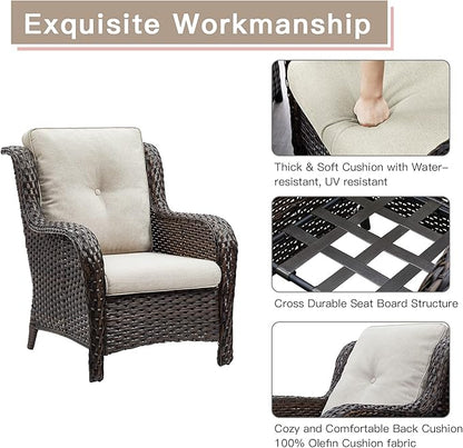 Rilyson Outdoor Furniture Set, 5-Piece Patio Rattan Wicker Sectional Sofa Set with 3-Seat Couch, 2 Armchairs, 2 Ottoman Footrests for Patio Conversation (5 PC,Brown/Beige)