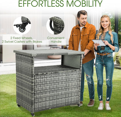 HOMEFUN Outdoor Grill Carts with Storage Cabinet - Outside Bar Cart with Wheels Wicker Patio Kitchen Island Table Weatherproof Prep Stand, Grey