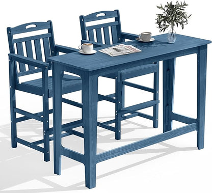 HDPE Outdoor Patio Bar Set with High Top Table and 2 Adirondack Chairs, All-Weather Bar Height Outside Rectangular Pub Furniture for Bistro, Garden, Backyard, Deck | 3-Pieces, Navy Blue