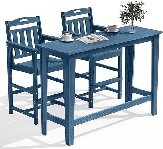 HDPE Outdoor Patio Bar Set with High Top Table and 2 Adirondack Chairs, All-Weather Bar Height Outside Rectangular Pub Furniture for Bistro, Garden, Backyard, Deck | 3-Pieces, Navy Blue