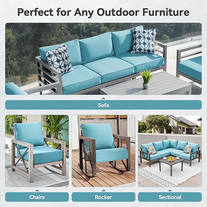 Luxury 6" Outdoor Cushions for Patio Furniture, 24x24x6" Thick Seat Cushion Set, Fade Resistant Couch Chair Replacement Cushions High Density Deep Wicker Chair Cushion with Removable Cover, Teal