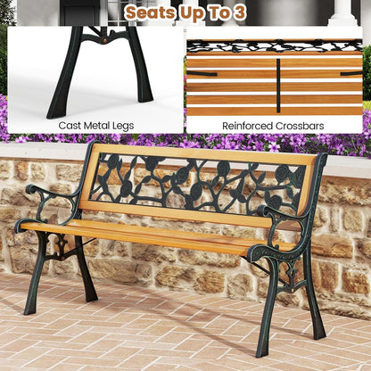 Tangkula Outdoor Garden Bench Park Bench, Patio Iron Bench Chair with Cast Iron & Hardwood Structure, Weather Proof Porch Loveseat, Perfect for Backyard, Deck, Lawn, Poolside