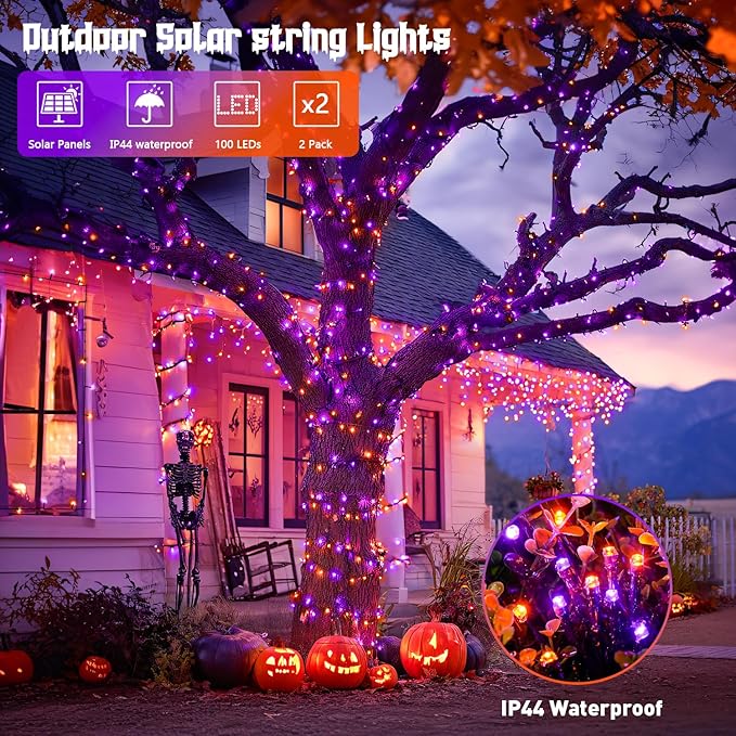 JMEXSUSS Orange and Purple Solar Halloween Lights, 2 Pack Each 100 Led Solar String Lights Outdoor Waterproof for Halloween Tree Christmas Decoration