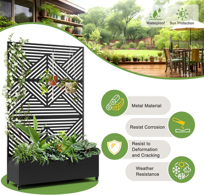 FENCY Metal Raised Garden Bed with Wheels and Trellis,73"x47"x16" Planter Box for Climbing Plants, Vegetables & Vines, Features Privacy Screen and Drainage Holes (Black-Modern)