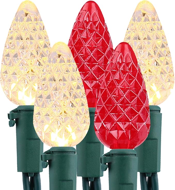 Brizled Red & Warm White Christmas Lights, 33ft 100 LED Faceted C5 Christmas String Lights, 120V UL Certified Xmas Tree Light Connectable White Xmas Light Indoor Outdoor for Home Tree Holiday Patio