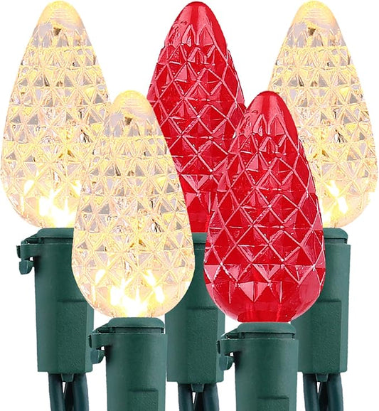 Brizled Red & Warm White Christmas Lights, 33ft 100 LED Faceted C5 Christmas String Lights, 120V UL Certified Xmas Tree Light Connectable White Xmas Light Indoor Outdoor for Home Tree Holiday Patio