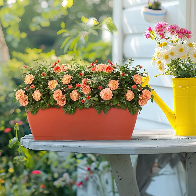 HAITRAL 16.9 Inch Deck Railing Planter Boxes for Plants, Rectangular Hanging Window Boxes Planters with Metal Flower Pots Brackets - 4 Pack Railing Planter Box for Balcony Fences Garden, Red