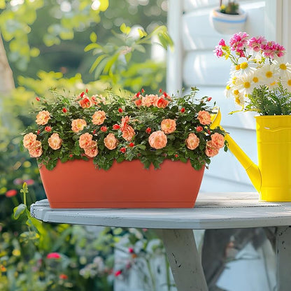 HAITRAL 16.9 Inch Deck Railing Planter Boxes for Plants, Rectangular Hanging Window Boxes Planters with Metal Flower Pots Brackets - 4 Pack Railing Planter Box for Balcony Fences Garden, Red