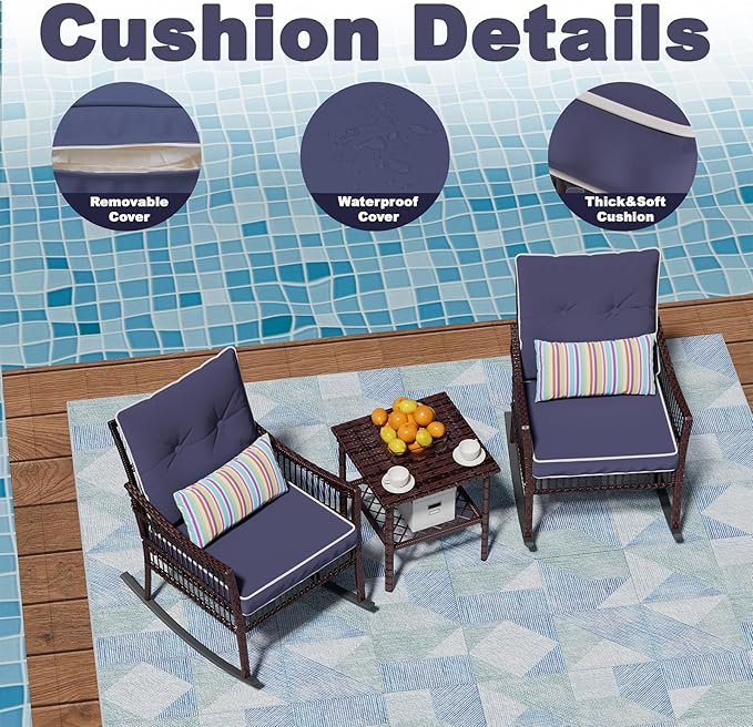 DECMICO Outdoor Rocking Chairs 3 Pieces Patio Conversation Front Porch Furniture, Wicker Bistro Set with Coffee Table for Garden and Balcony (Brown Rattan Royal Blue Cushion)