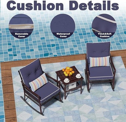 DECMICO Outdoor Rocking Chairs 3 Pieces Patio Conversation Front Porch Furniture, Wicker Bistro Set with Coffee Table for Garden and Balcony (Brown Rattan Royal Blue Cushion)