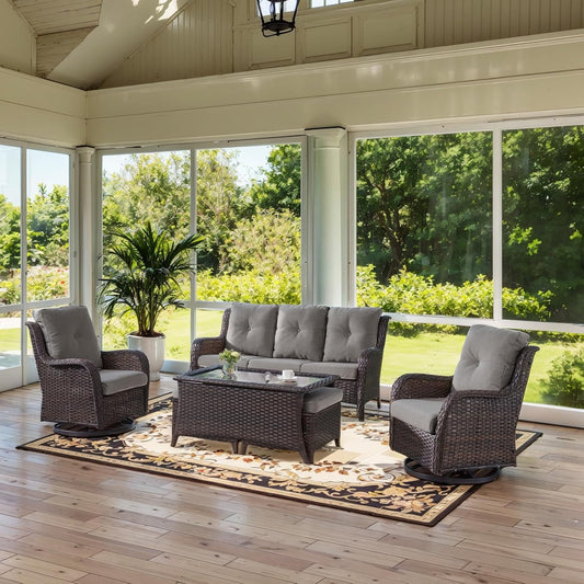 Wicker Outdoor Furniture Patio Furniture Set - 6 Piece Patio Conversation Set with Swivel Rocker Chairs, Rattan Sofa, Ottomans and Coffee Table, Gray Cushion