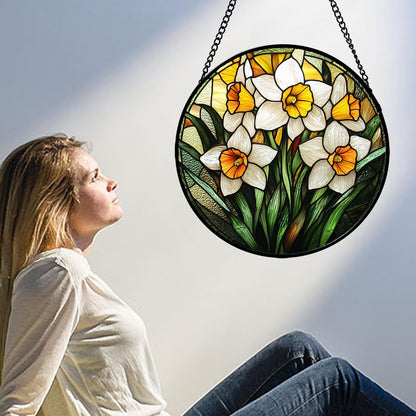 Stained Glass Window Hanging, Yellow and White Daffodils Sun Catcher for Door Home Decor Plants Flowers Suncatcher Christmas Mother's Day Birthday Gifts for Women Men Mom Nana 9.8 in