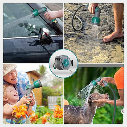 65 ft x 1/2" Retractable Garden Hose Reel, Heavy Duty Water Hose Reel Wall Mounted, Any Length Lock, 180°Swivel, Water Hose with 10-Function Nozzle for Cleaning, Watering (Green)